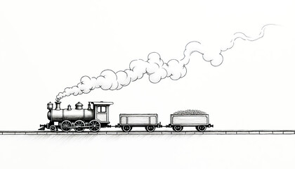 Classic steam locomotive with freight cars in black and white sketch style