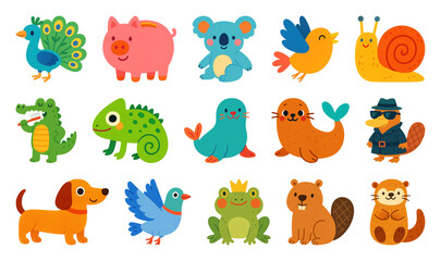 Naklejka premium PNG Colorful cartoon animal illustrations, element set on transparent background