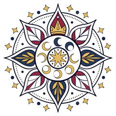 Celestial mandala with crescent moons stars and a regal crown symbolizing cosmic harmony and mystical energy