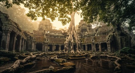 Fototapeta premium Ancient stone temple ruins overgrown with large tree roots in dense tropical jungle with soft morning light, concept of time, mystery, history, and nature reclaiming forgotten civilizations