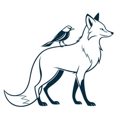 Elegant minimalist line art illustration of a stylized fox with a small bird perched on its back in profile view against a white background