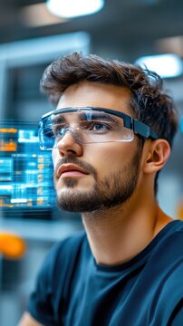 Young Man in Glasses with Futuristic Data Interface in Background