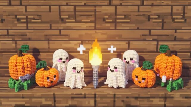 Voxel-style Halloween altar with cute blocky ghosts, pumpkins, and glowing torch. Halloween greeting card