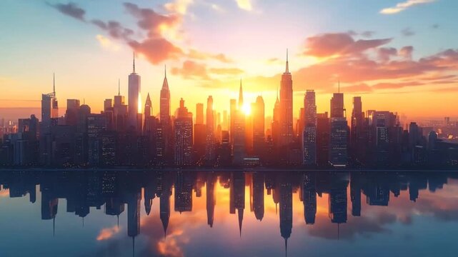 New York City Skyline at Sunset with Water Reflection