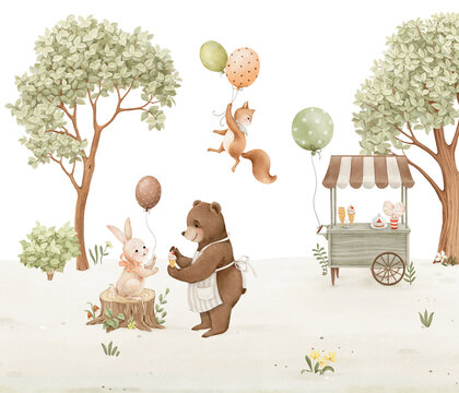 Watercolor cute animals with ice cream and sweets cart of outdoor with beautiful trees. Hand-drawn illustration, print for mural bedroom, wallpaper or background with cute characters.