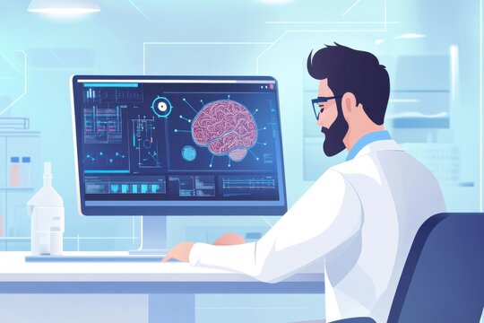 Scientist Analyzing Brain Data on Computer Screen in Modern Lab