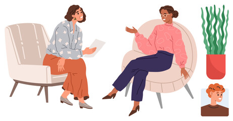 Two women sitting in modern chairs discussing, with a potted plant and a small portrait enhancing the scene. Ideal for therapy, dialogue, collaboration, diversity, communication, counseling, casual