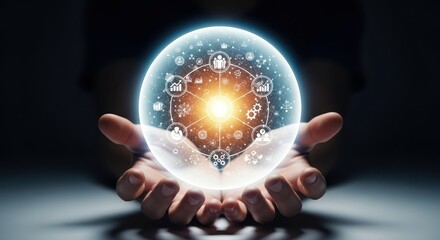 Hands holding a glowing sphere with digital network, representing future technology
