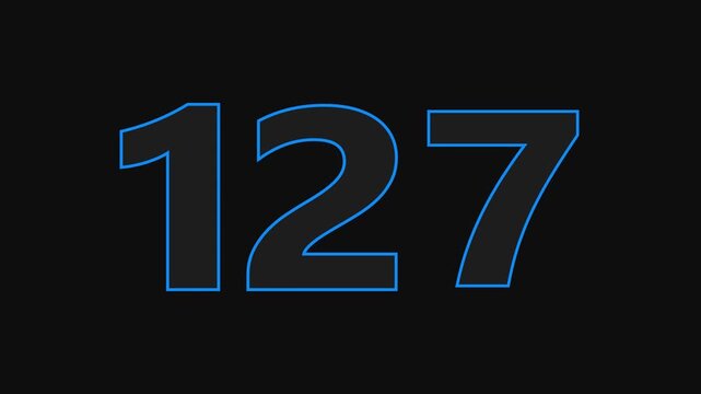glowing text 127 number countdown icon on black background 4k animation.