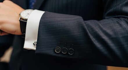 Closeup of a suit sleeve with cufflinks, representing formal business attire