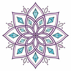 Intricate symmetrical mandala design with purple and pink floral petals and sparkling teal diamond shapes on a white background