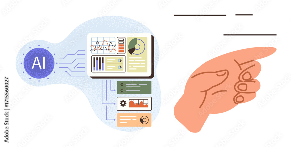 Poster hand gesture interacting with flow of data, ai icon, and analytical charts. ideal for technology, ai