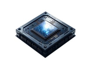 Square metallic computer chip with glowing center