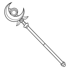 Stylized black and white line art illustration of a magical crescent moon staff with ornate details and a simple shaft against a white background