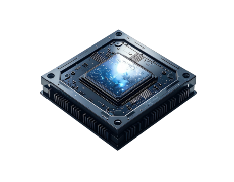 Square metallic computer chip with glowing center - Powered by Adobe
