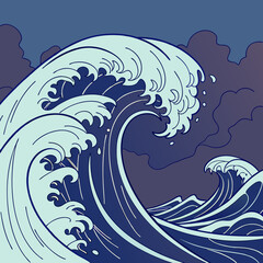 Stylized illustration of a powerful ocean wave crashing with foam and spray against a dark cloudy sky in a japanese art style
