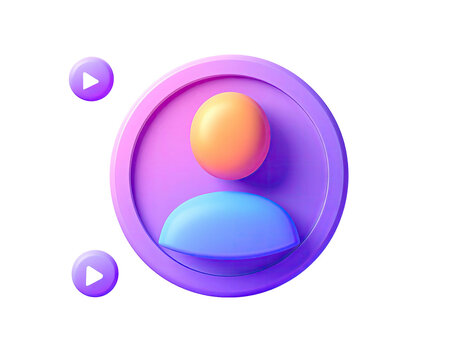 User profile icon, vibrant colors, 3D style.  Play icons flank