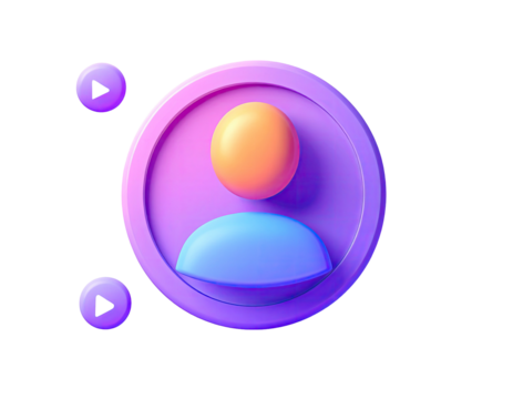 User profile icon, vibrant colors, 3D style.  Play icons flank