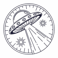 Stylized line art illustration of a classic flying saucer ufo emitting a beam of light set within a circular frame with celestial sun symbols