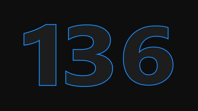 glowing text 136 number countdown icon on black background 4k animation.