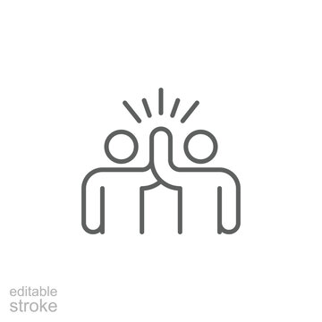Two people give high five icon. Simple outline style. People together holding hands with their hands raised up, friendly greeting, teamwork concept. Thin line symbol. Isolated design editable stroke.