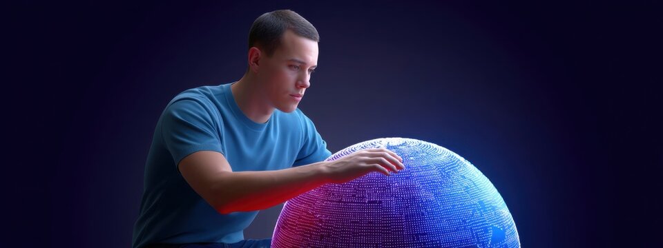 Young man interacting with glowing digital sphere in dark space