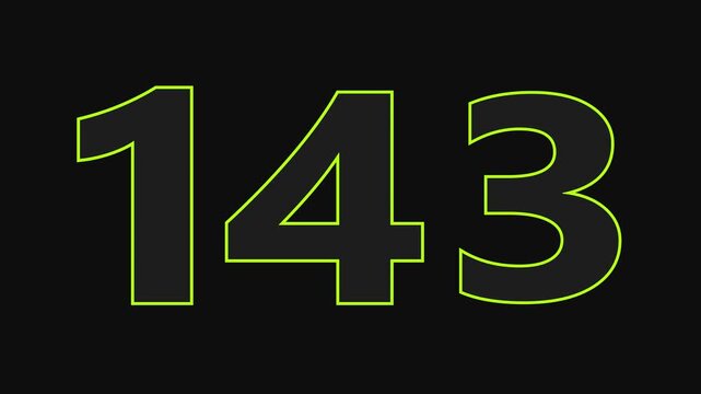 glowing text 143 number countdown icon on black background 4k animation.