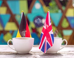 Two cups of tea, German and British flags