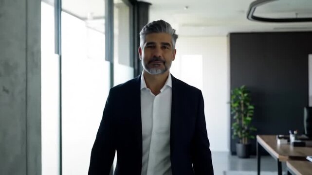 Positive confident mature businessman in office walking towards camera