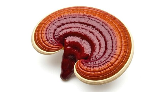 A glossy, reddish-brown Ganoderma lucidum mushroom, commonly known as Reishi or Lingzhi, is isolated on a clean white background. This detailed studio shot showcases the fungus's unique fan shape, con