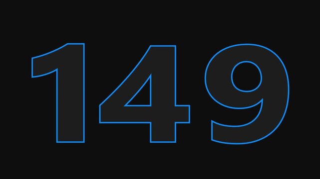 glowing text 149 number countdown icon on black background 4k animation.