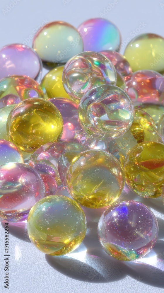 Poster a captivating close-up shot of iridescent glass marbles creating a shimme effect with vibrant color 