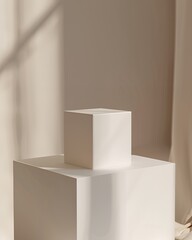 Minimalist white cube display in soft light