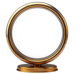 Obraz premium A vintage round golden picture frame with a textured base and stand isolated on transparent background