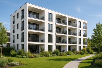 Modern Apartment Building in Daylight: A contemporary apartment building, exuding modern elegance with its clean lines and geometric design, is bathed in the warm glow of daylight.