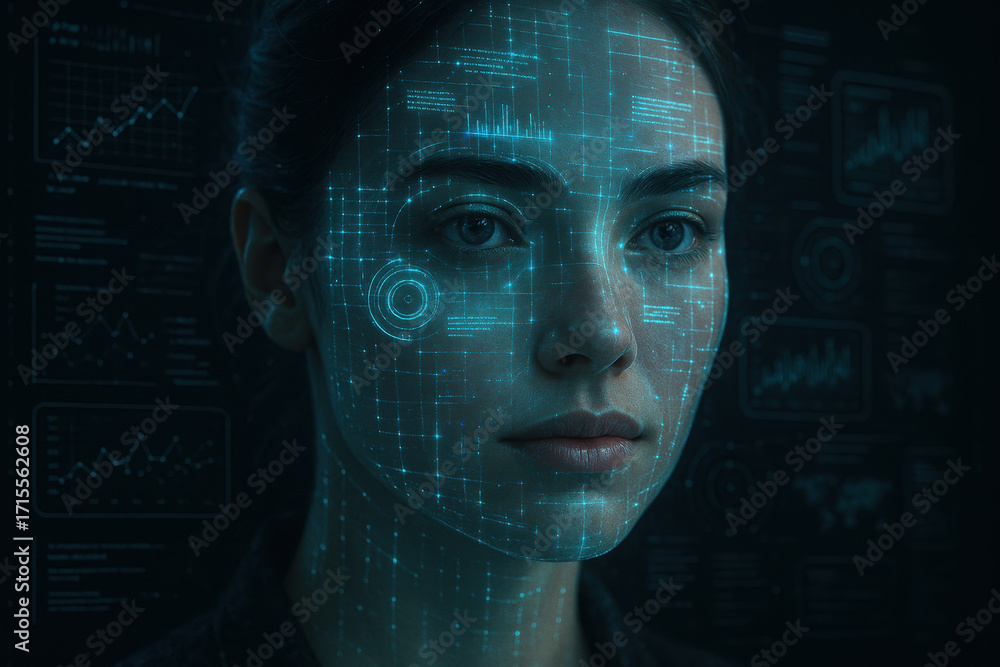 Poster digital overlay: a woman with intricate digital patterns projected on her face. a striking compositi