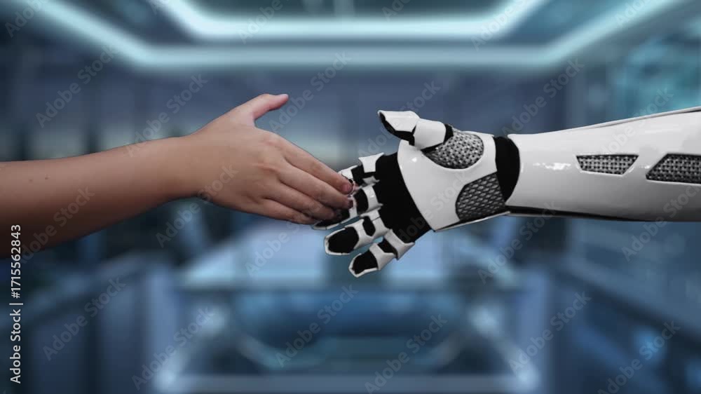 Poster a striking video showcasing the interaction between a human hand and a robotic hand over an email in