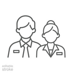 Company staff icon. Simple outline style. Man and woman in uniform, worker, employee, couple, official business representatives concept. Thin line symbol. Isolated design editable stroke.