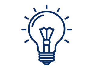 Dark blue glowing lightbulb graphic