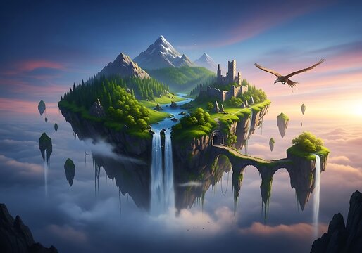 A vibrant, floating island paradise, nestled amidst a swirling sea of clouds, features lush greenery, cascading waterfalls, and a majestic castle.