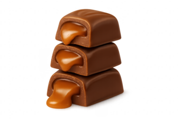 Chocolate caramel candy stack dripping sweet filling