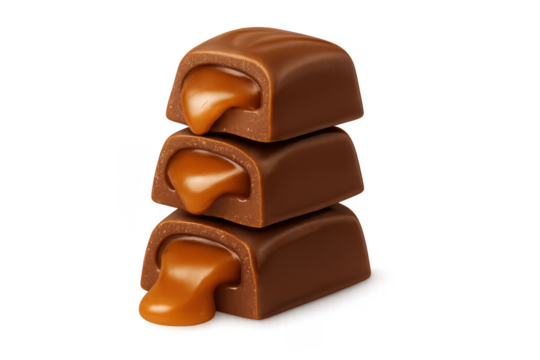 Chocolate caramel candy stack dripping sweet filling