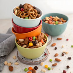 assorted snack mix in nesting bowls