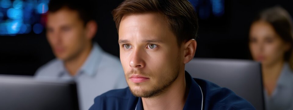 Young Man Focused at Computer in High-Tech Office Environment