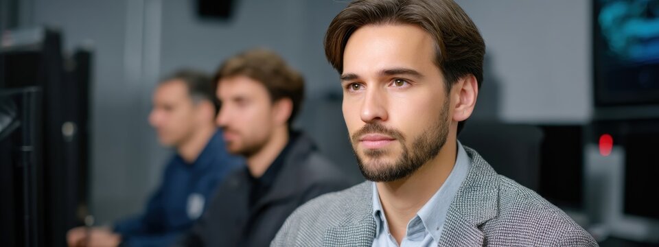 Focused young man engaged in digital technology workspace environment