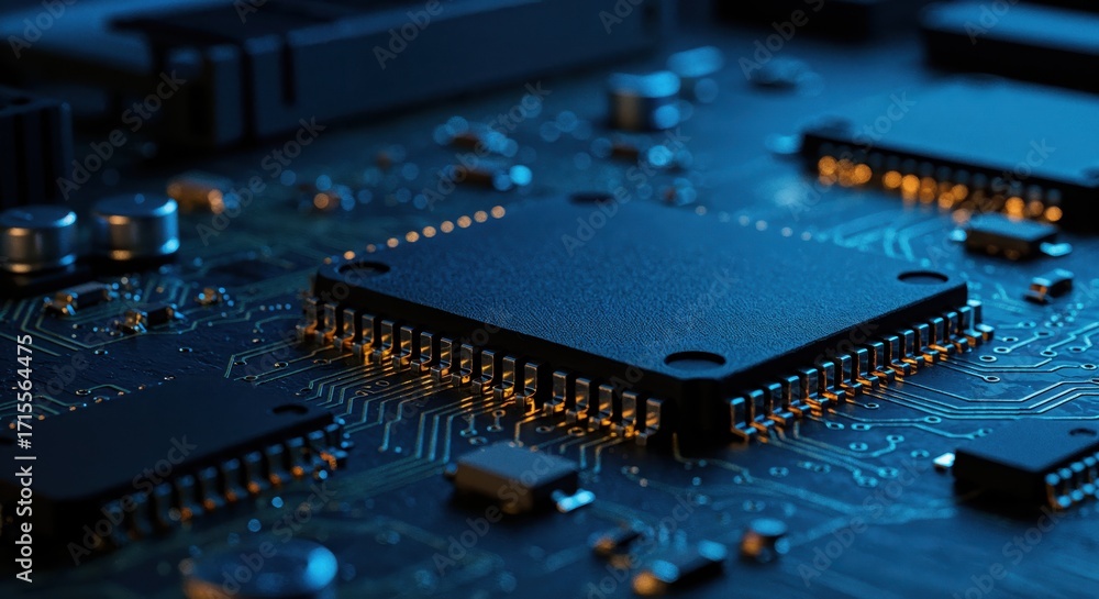Fototapete digital circuitry: a close-up view of intricate microchips and circuits, illuminating the core of mo