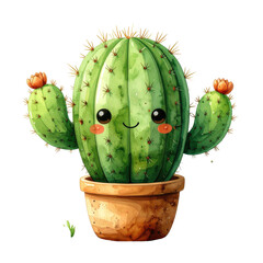 Cute cartoon cactus in a pot with flower-like blooms