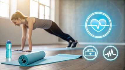 Floating glowing sports icons including running shoe, stopwatch, and heart monitor with blurred athlete background symbolizing fitness and active lifestyle.