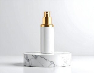 Luxury skincare product displayed on a marble pedestal, sleek white bottle with golden cap, minimalistic and elegant design.