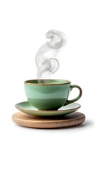 Cozy cup of steaming coffee, green ceramic mug on wooden coasters, inviting atmosphere, perfect for relaxation or study.